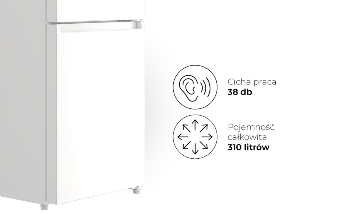 Biała lodówka z widocznymi ikonami i tekstem: \'Cicha praca 38 db\' oraz \'Pojemność całkowita 310 litrów\'.