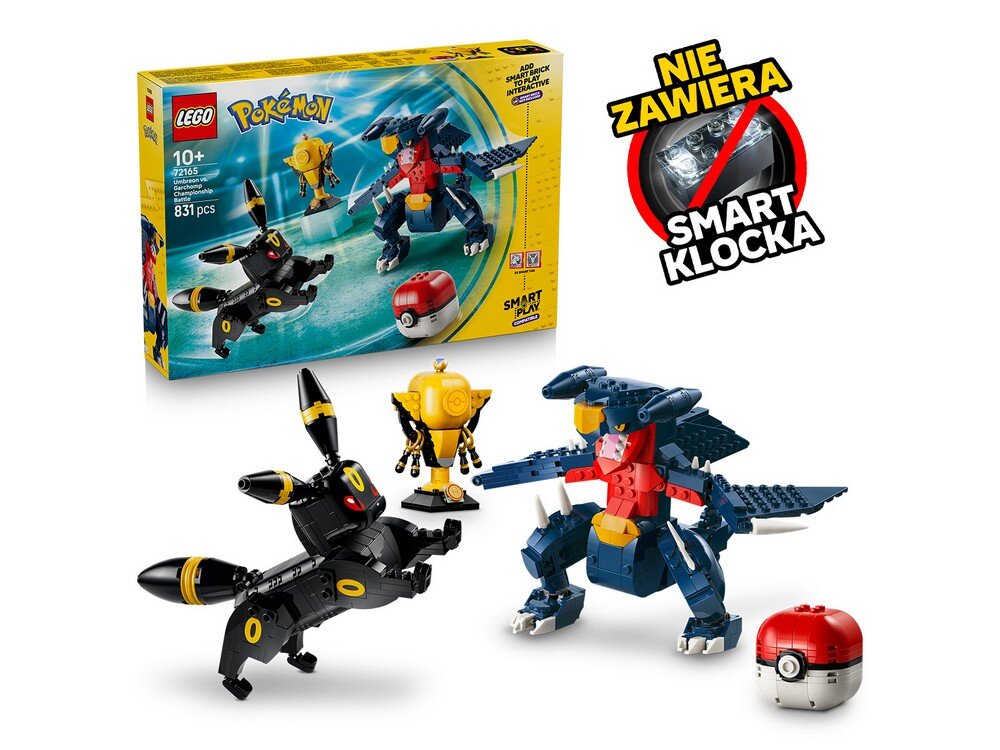 Zestaw LEGO przedstawiający postacie Pokémon Umbreon i Garchomp oraz Poké Ball. Na opakowaniu widnieje napis \'NIE ZAWIERA SMART KLOCKA\'.