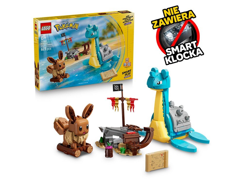 Zestaw LEGO przedstawia figurki Eevee i Laprasa oraz elementy scenerii z motywem poszukiwania skarbów. Na opakowaniu widnieje napis \'Pokémon\', \'8+\', \'72162\', \'623 pcs\' oraz \'NIE ZAWIERA SMART KLOCKA\'.
