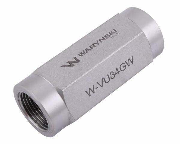 Metalowy zawór zwrotny z napisem \'WARYŃSKI\' oraz \'W-VU34GW\'.