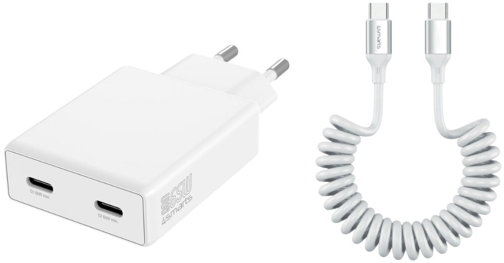 Na obrazie widoczna jest biała ładowarka z dwoma portami USB-C oraz biały spiralny kabel USB-C. Na ładowarce znajduje się logo \'4SMARTS\'.