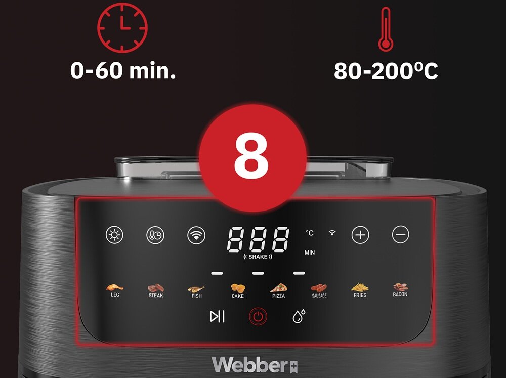 Panel sterowania frytkownicy beztłuszczowej z wyświetlaczem cyfrowym, ikonami programów gotowania oraz przyciskami do regulacji temperatury i czasu. Widoczne są napisy: \'0-60 min.\', \'80-200°C\' oraz logo \'Webber\'.
