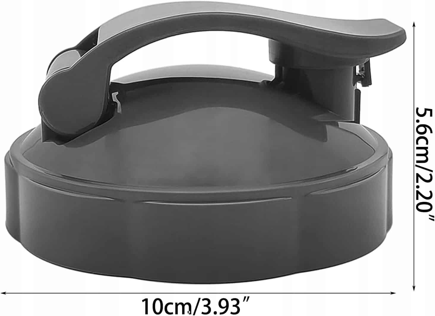 Na obrazie widoczna jest ciemnoszara zakrętka z uchwytem, przeznaczona do kubka lub bidona. Obok zakrętki znajdują się wymiary: 10 cm/3.93\