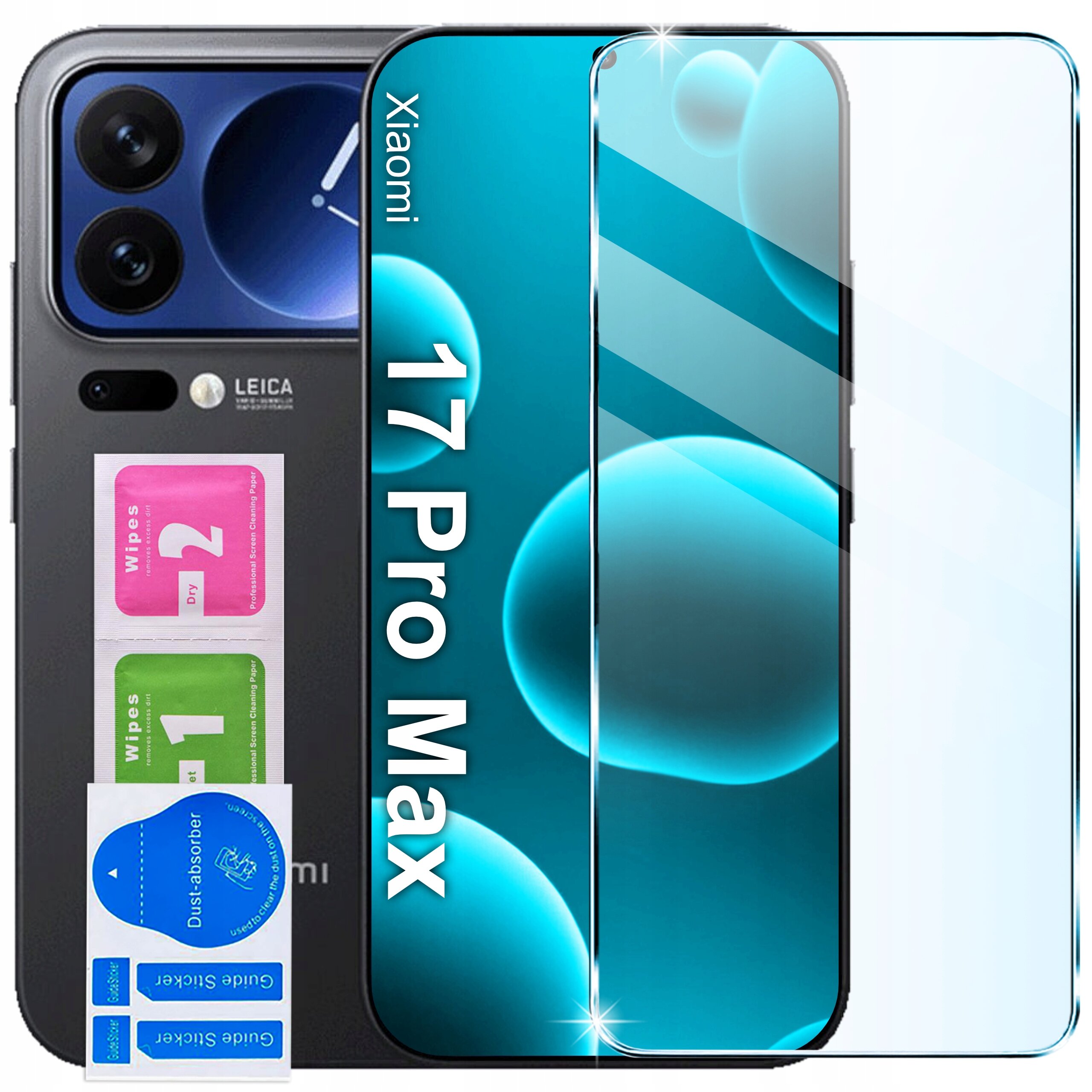 Obraz przedstawia telefon Xiaomi z widocznym napisem \'17 Pro Max\' na ekranie oraz zestawem akcesoriów, w tym szkłem ochronnym i ściereczkami do czyszczenia. Na telefonie widoczne jest logo \'Leica\'.