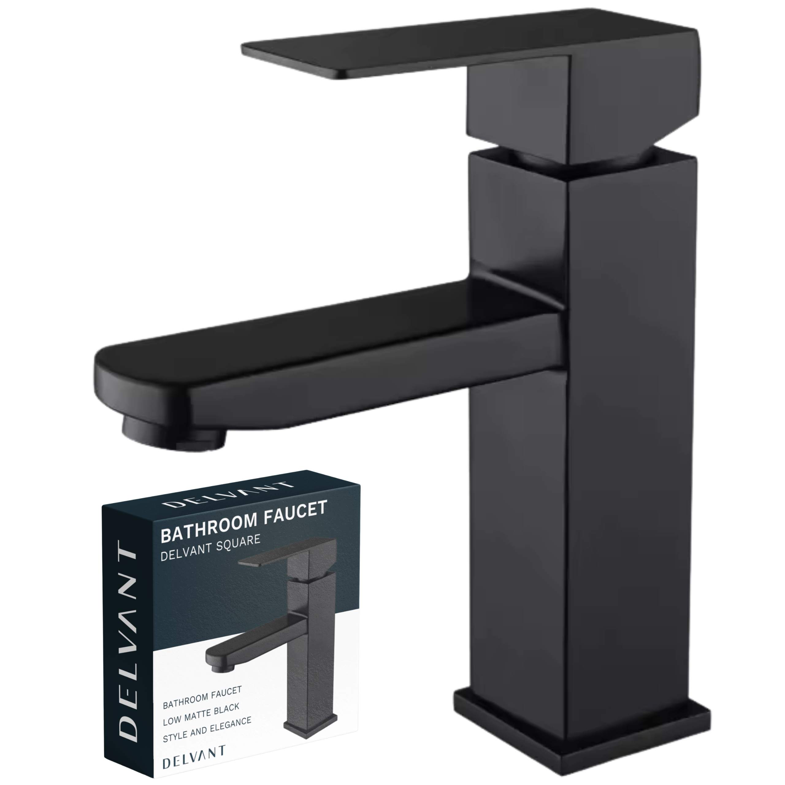 Czarna, matowa bateria umywalkowa o prostokątnym kształcie. Obok znajduje się pudełko z napisem: \'DELVANT BATHROOM FAUCET DELVANT SQUARE LOW MATTE BLACK STYLE AND ELEGANCE\'.