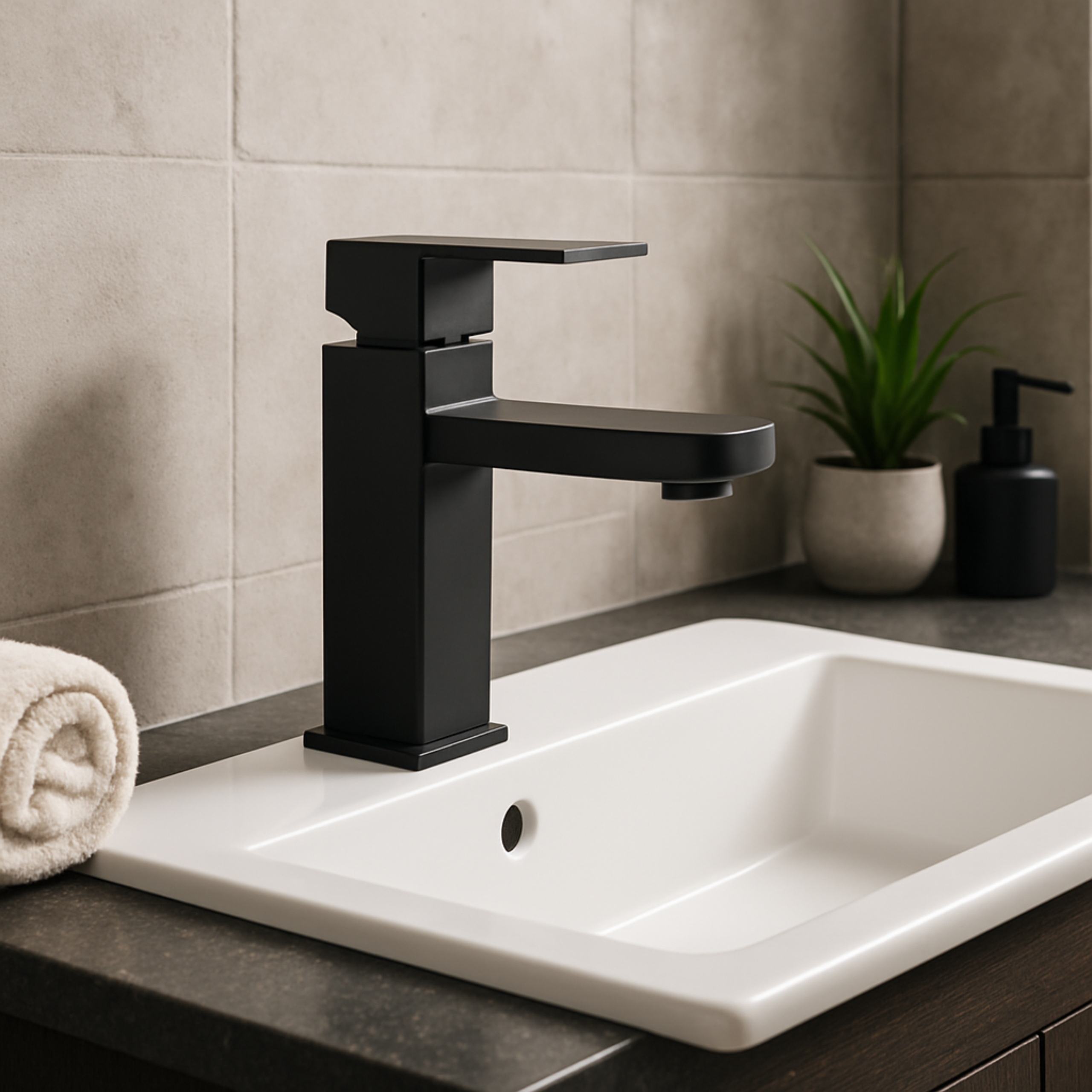 Czarna, niska bateria umywalkowa o kwadratowym kształcie zamontowana na białej umywalce. W tle widoczna jest roślina w doniczce i dozownik na mydło.