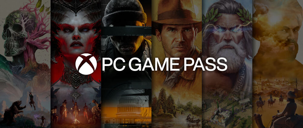 Obraz przedstawia różnorodne postacie z gier w tle, z logo Xbox i napisem \'PC GAME PASS\' na środku. Tło jest kolorowe i zawiera elementy fantastyczne oraz realistyczne.