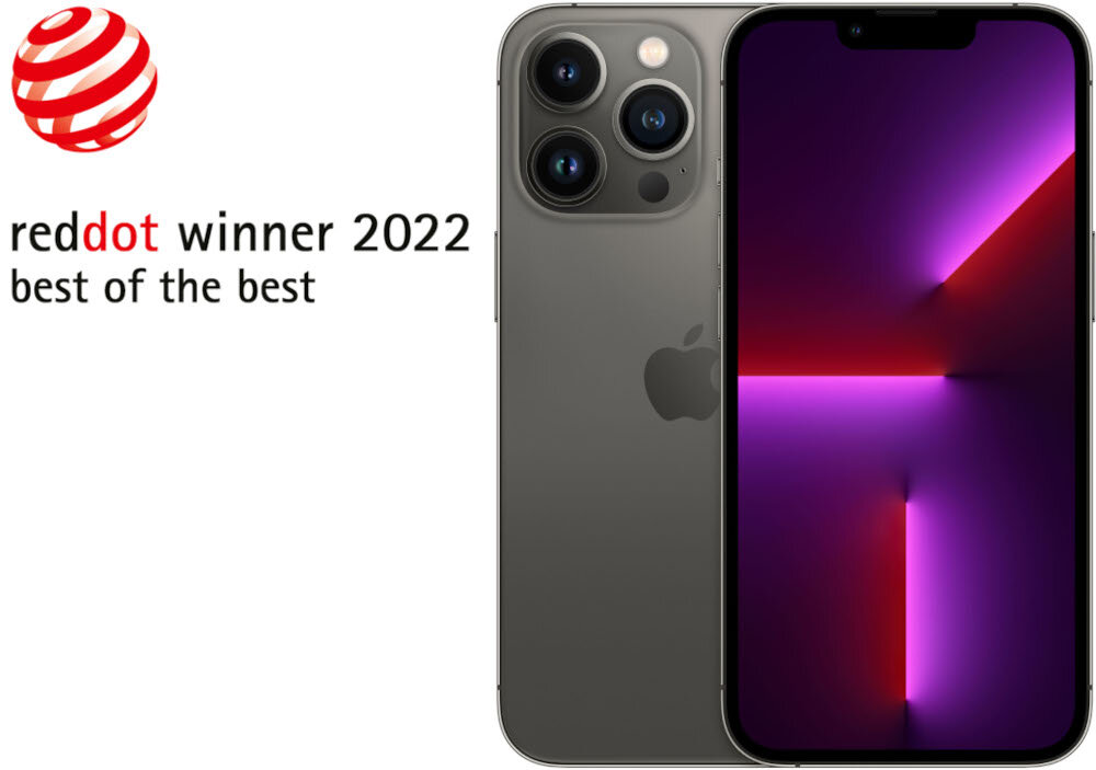 Grafitowy smartfon z trzema aparatami i wyświetlaczem z kolorowym gradientem. Obok widoczny napis: \'reddot winner 2022 best of the best\'.