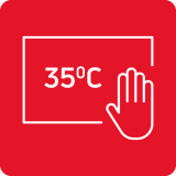 Czerwona ikona z białym symbolem dłoni i tekstem \'35ºC\'.