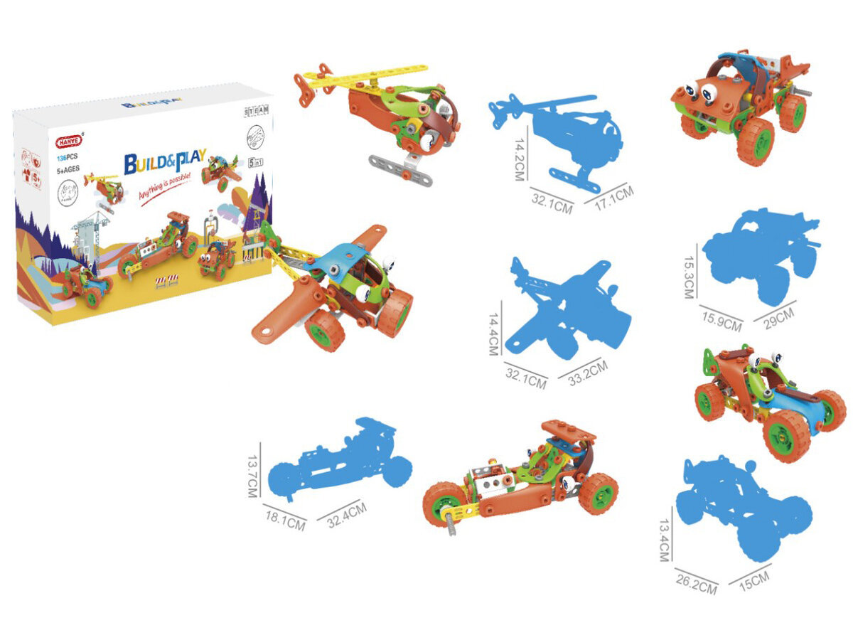 Na obrazie widoczny jest zestaw konstrukcyjny \'Build & Play\' z różnymi modelami pojazdów do złożenia, w tym helikopter, samolot i wyścigówka. Obok modeli znajdują się ich wymiary, a w tle pudełko z grafiką przedstawiającą złożone pojazdy.