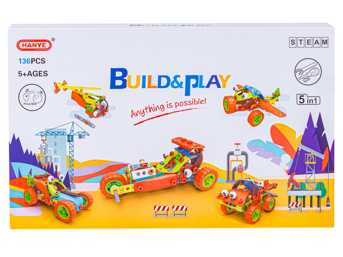 Opakowanie zestawu konstrukcyjnego z kolorowymi modelami pojazdów i helikoptera. Widoczny tekst: \'HANYE 136PCS 5+AGES BUILD & PLAY Anything is possible! 5 in 1\'.