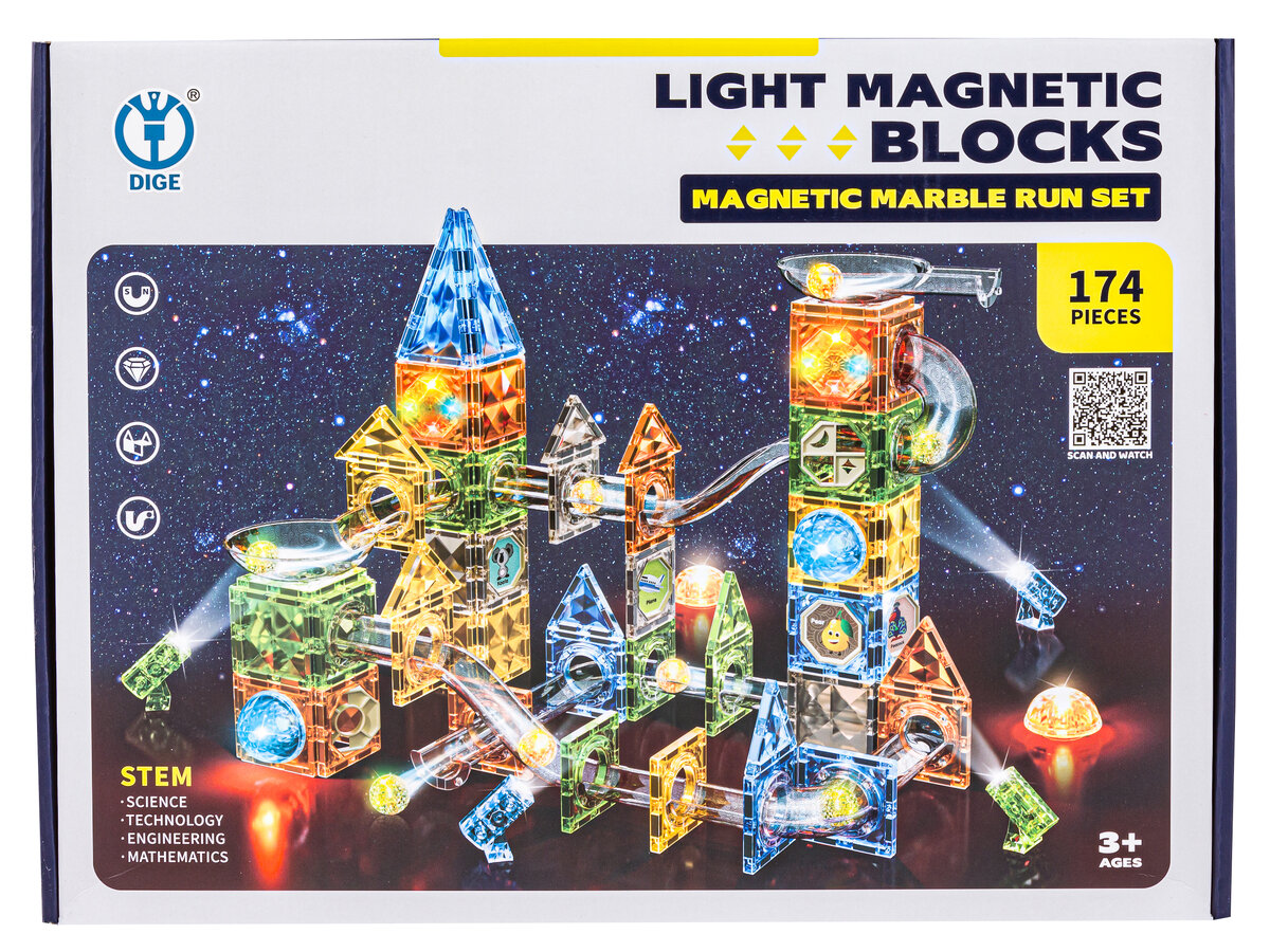 Opakowanie zestawu klocków magnetycznych z widoczną konstrukcją z kolorowych elementów na tle gwiaździstego nieba. Na opakowaniu znajdują się napisy: \'LIGHT MAGNETIC BLOCKS\', \'MAGNETIC MARBLE RUN SET\', \'174 PIECES\', \'STEM\', oraz logo \'DIGE\'.