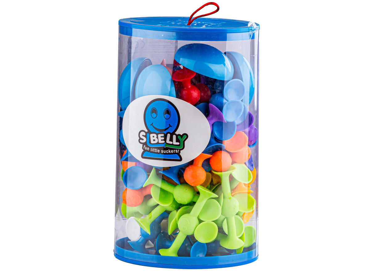 Przezroczyste opakowanie z niebieską pokrywką zawiera kolorowe klocki konstrukcyjne w kształcie przyssawek. Na opakowaniu widoczne jest logo z napisem \'S BELLY fun little suckers\'.