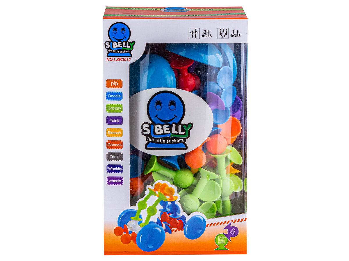 Opakowanie z klockami konstrukcyjnymi w różnych kolorach, z widocznym logo \'S Belly\' i napisem \'fun little suckers!\'. Na opakowaniu znajdują się oznaczenia wiekowe \'3+ AGES\' i \'1+ AGES\'.