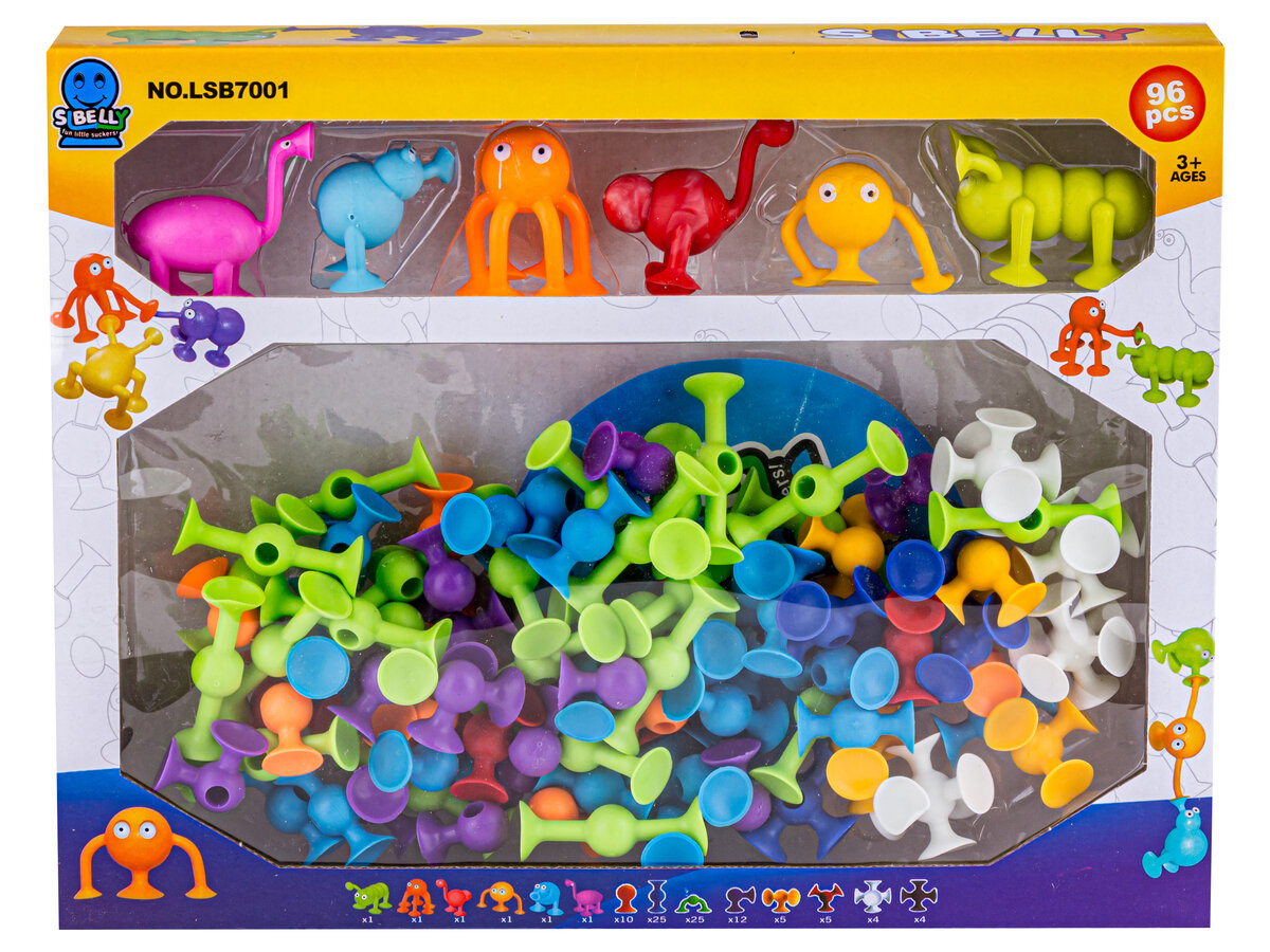 Opakowanie zawiera kolorowe klocki konstrukcyjne z przyssawkami oraz figurki w kształcie wesołych buziek. Na opakowaniu widnieje napis \'96 pcs\' oraz oznaczenie wieku \'3+ AGES\'.