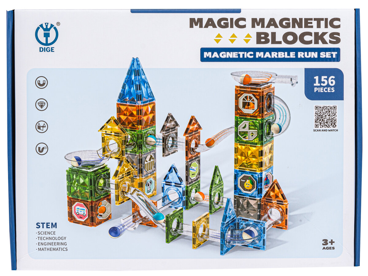 Opakowanie zestawu konstrukcyjnego z klockami magnetycznymi, przedstawiające kolorowe wieże z przezroczystych elementów. Na opakowaniu widnieje tekst: \'MAGIC MAGNETIC BLOCKS\', \'MAGNETIC MARBLE RUN SET\', \'156 PIECES\', \'STEM\', oraz logo \'DIGE\'.