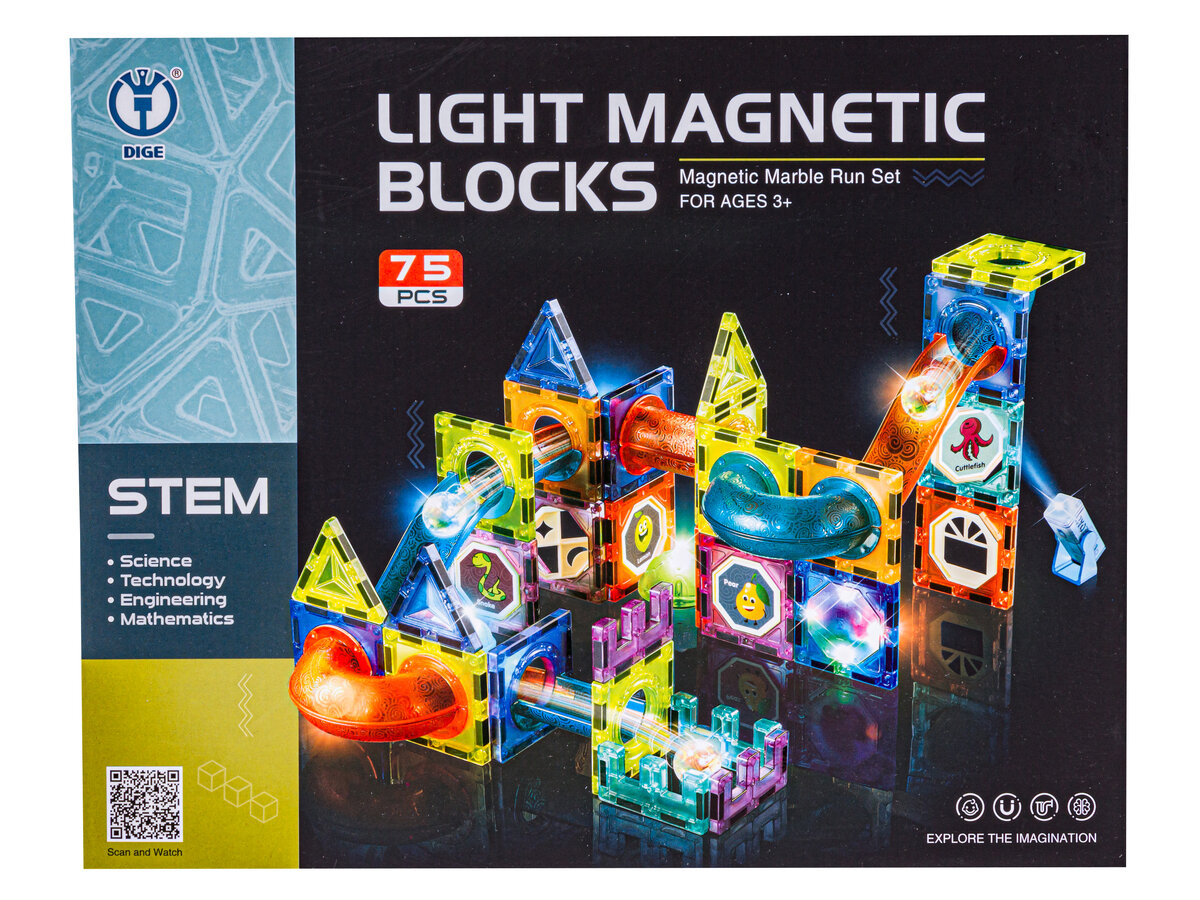 Opakowanie zestawu \'Light Magnetic Blocks\' z 75 elementami, przedstawiające kolorowe, świecące klocki magnetyczne ułożone w tor kulkowy. Na opakowaniu widnieje logo DIGE oraz napis STEM z rozwinięciem: Science, Technology, Engineering, Mathematics.