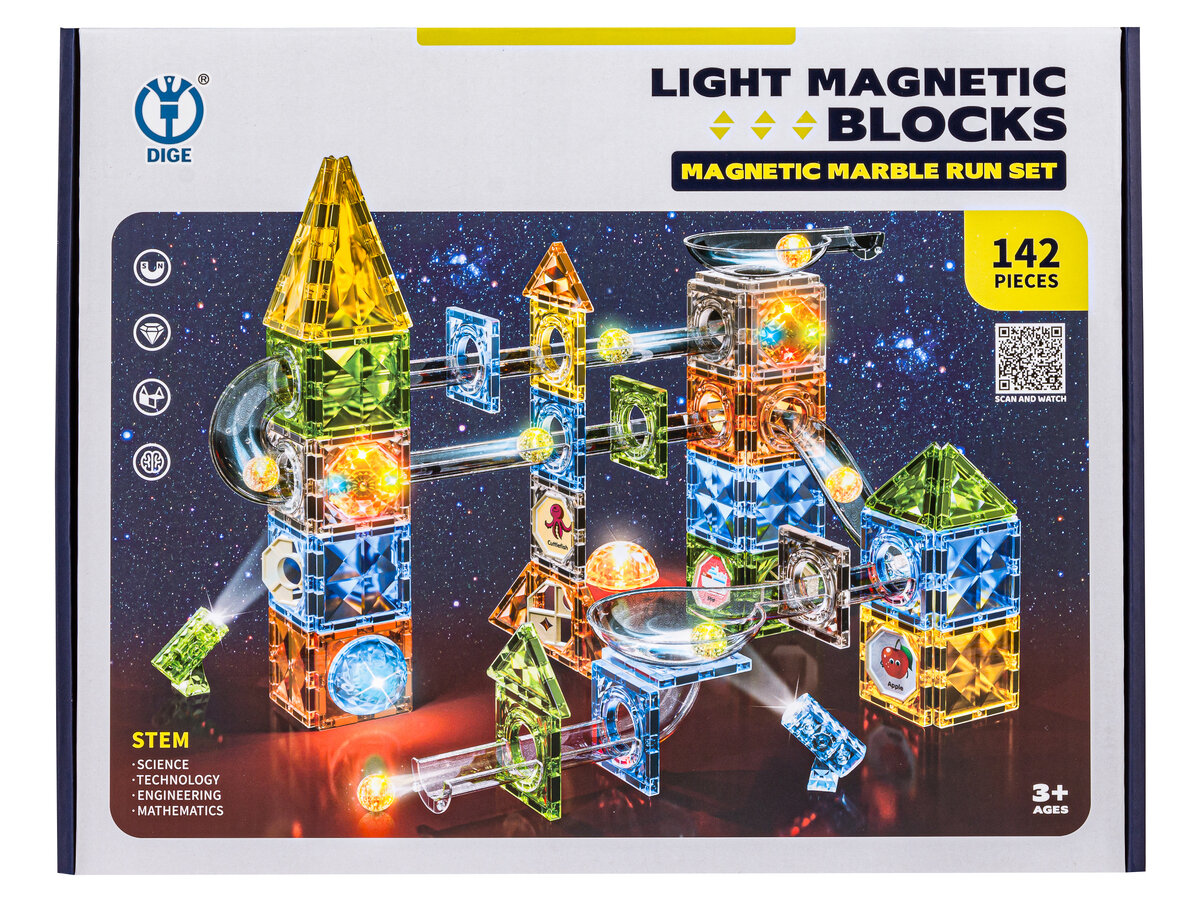 Opakowanie zestawu konstrukcyjnego z kolorowymi, świecącymi klockami magnetycznymi tworzącymi tor kulkowy na tle kosmosu. Na opakowaniu widnieje napis \'LIGHT MAGNETIC BLOCKS MAGNETIC MARBLE RUN SET 142 PIECES\' oraz logo \'DIGE\'.