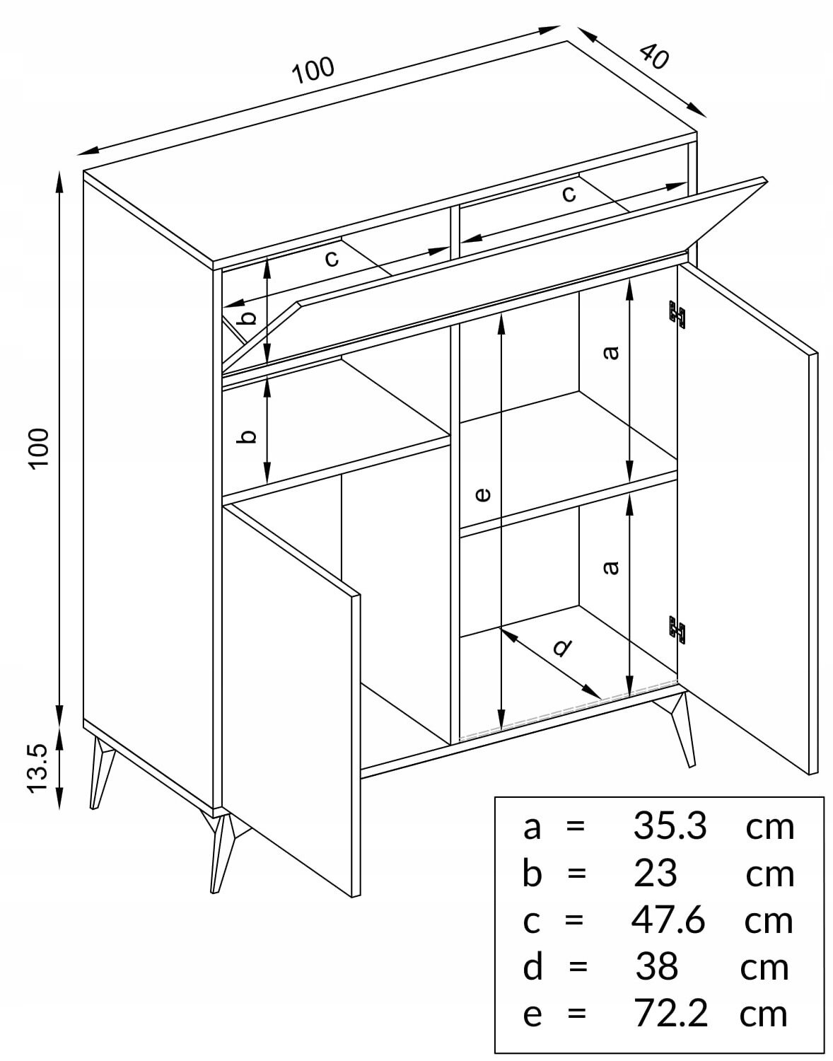 Schemat komody z trzema drzwiami, pokazujący wymiary poszczególnych części: a = 35.3 cm, b = 23 cm, c = 47.6 cm, d = 38 cm, e = 72.2 cm. Komoda ma nowoczesny design z nóżkami i otwieranymi drzwiami oraz szufladami.