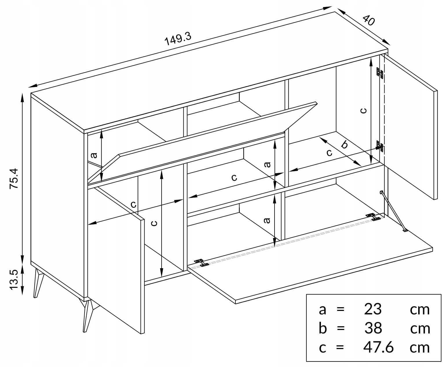 Schemat komody z czterema drzwiami, pokazujący wymiary: a = 23 cm, b = 38 cm, c = 47.6 cm. Komoda ma wymiary zewnętrzne 149.3 cm szerokości, 75.4 cm wysokości i 40 cm głębokości.