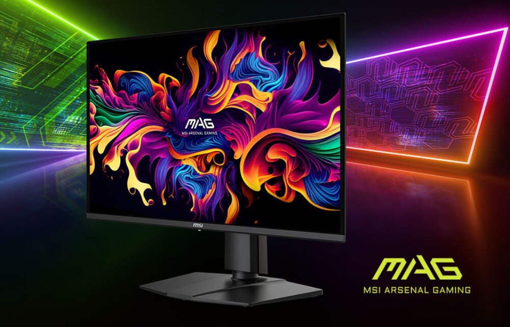 Monitor z wyświetlaczem prezentującym kolorowy, abstrakcyjny wzór. Widoczne logo \'MAG MSI ARSENAL GAMING\' oraz napis \'MAG\' w prawym dolnym rogu.