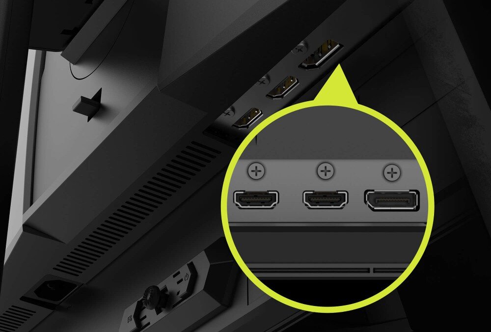 Obraz przedstawia tylną część monitora z widocznymi portami HDMI i DisplayPort. Powiększenie pokazuje trzy porty: dwa HDMI i jeden DisplayPort.