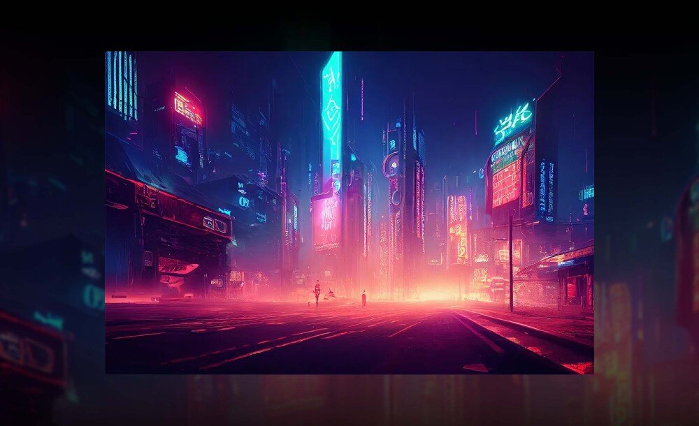 Scena miejska w stylu cyberpunkowym z neonowymi światłami i wysokimi budynkami. Na ulicy widać dwie sylwetki ludzi w otoczeniu mgły i intensywnych kolorów.