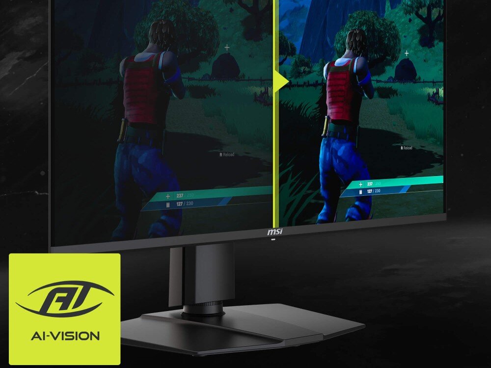 Monitor z logo MSI wyświetla grę komputerową, z widocznym podziałem ekranu na dwie części. W lewym dolnym rogu znajduje się żółty symbol z napisem \'AI-VISION\'.