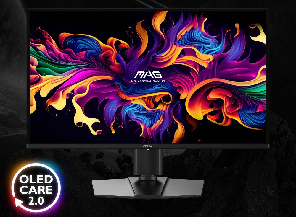 Monitor z wyświetlaczem prezentującym kolorową, abstrakcyjną grafikę z napisem \'MAG MSI ARSENAL GAMING\'. W dolnym rogu widoczny jest okrągły symbol z napisem \'OLED CARE 2.0\'.