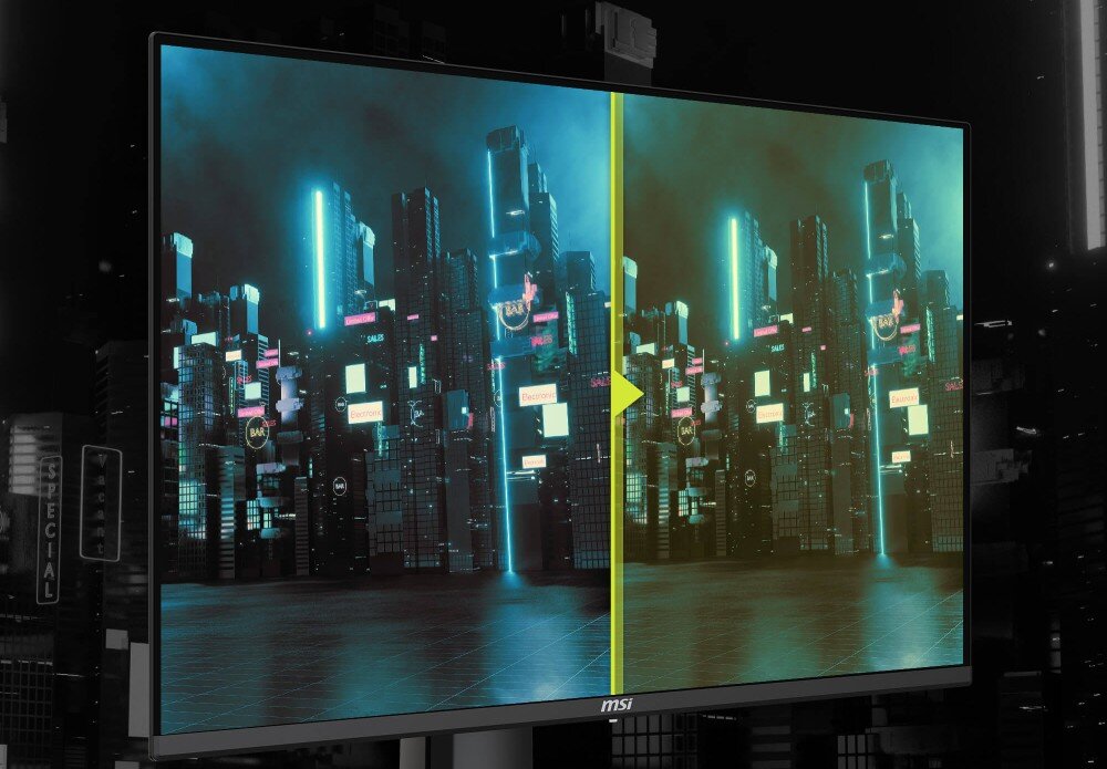 Monitor MSI wyświetla obraz futurystycznego miasta z neonowymi światłami, podzielony pionową linią na dwie części. Logo MSI znajduje się na dolnej ramce monitora.