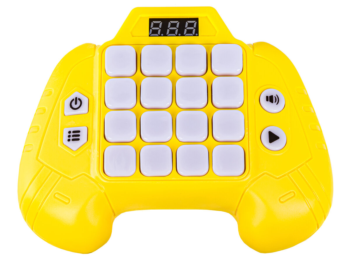 Żółty gamepad z 16 białymi przyciskami i wyświetlaczem pokazującym \'8.8.8.\'.