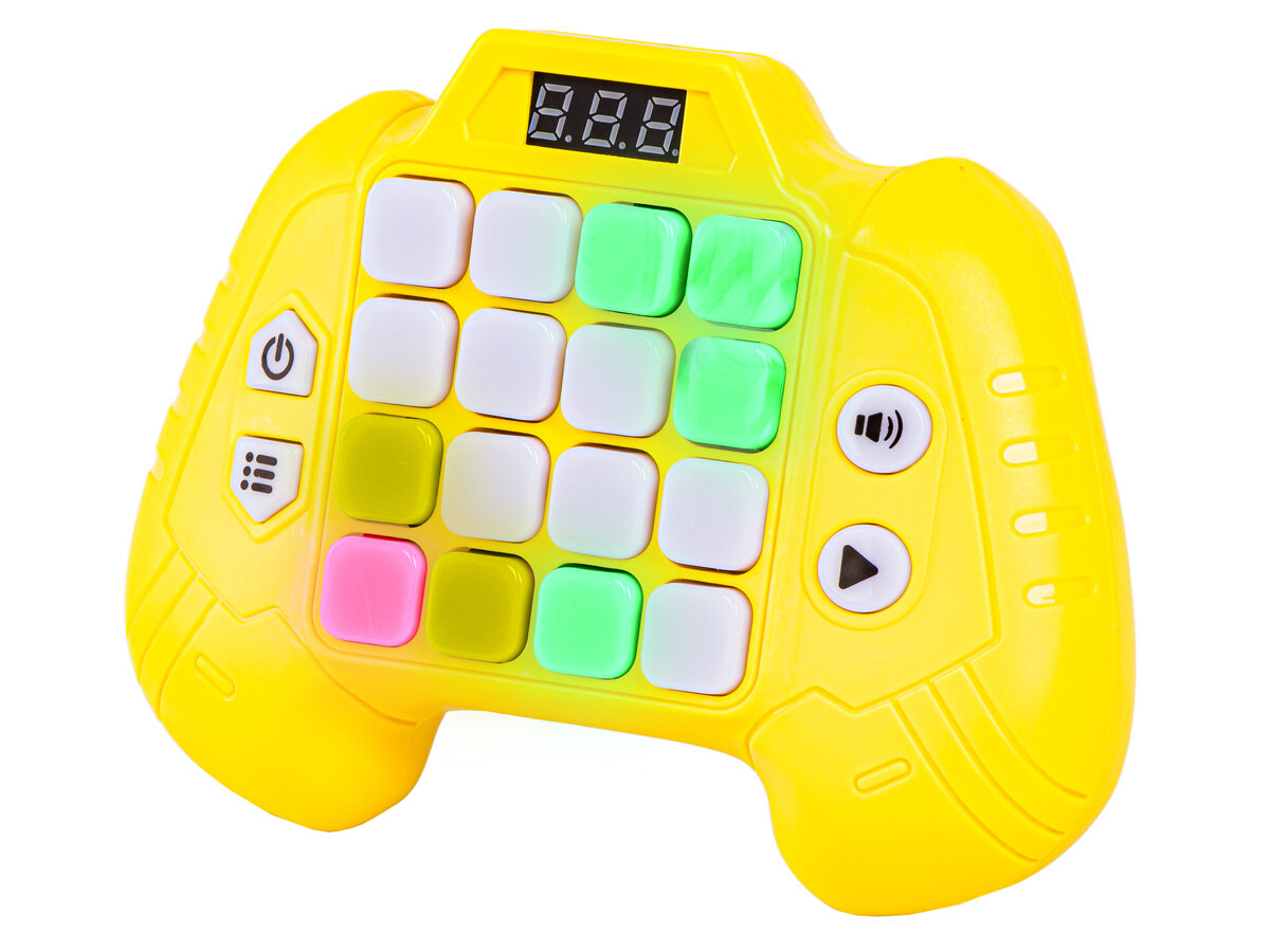 Żółty gamepad z 16 kolorowymi przyciskami i małym wyświetlaczem cyfrowym. Na obudowie znajdują się dodatkowe przyciski z symbolami głośnika i strzałki.