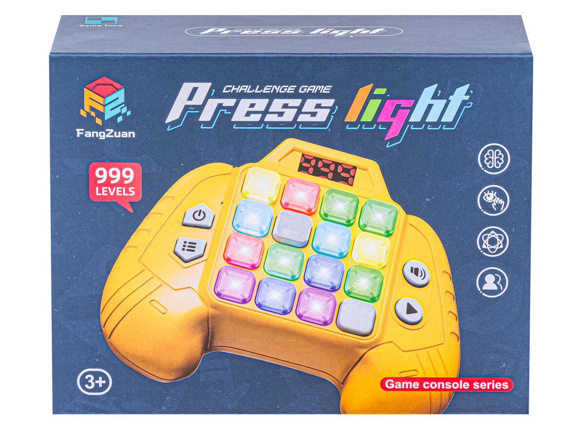 Opakowanie gry zręcznościowej z napisem \'Challenge Game Press Light\' oraz logo \'FangZuan\'. Widoczny jest kontroler z kolorowymi przyciskami i informacją \'999 LEVELS\'.