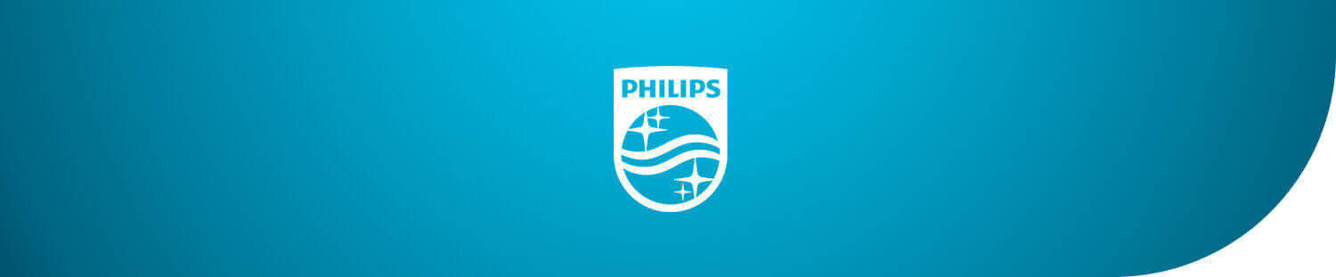 Logo PHILIPS na niebieskim tle, przedstawiające stylizowane fale i gwiazdy.