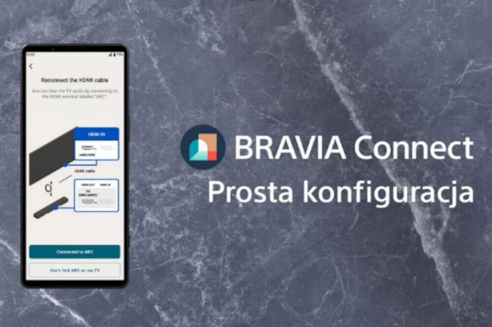 Obraz przedstawia ekran smartfona z instrukcją podłączenia kabla HDMI oraz tekst \'BRAVIA Connect Prosta konfiguracja\' na tle marmurowej powierzchni.