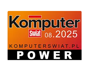 Logo z napisem \'Komputer Świat 08.2025 KOMPUTERSWIAT.PL POWER\' na tle w odcieniach pomarańczowego i czarnego.