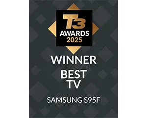Grafika przedstawia nagrodę T3 Awards 2025 z napisem \'WINNER BEST TV SAMSUNG S95F\'.