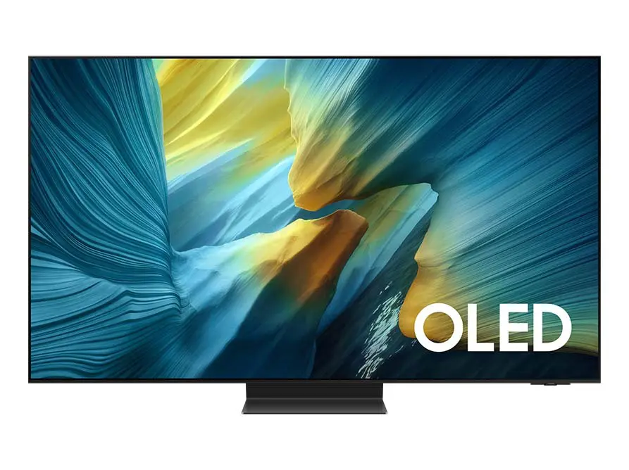 Telewizor z wyświetlaczem OLED prezentuje abstrakcyjny obraz w odcieniach niebieskiego i żółtego. W prawym dolnym rogu widoczny jest napis \'OLED\'.