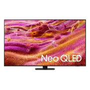 Telewizor z wyświetlaczem prezentującym abstrakcyjny, kolorowy wzór w odcieniach różu i pomarańczu. Na ekranie widoczny jest napis \'Neo QLED\'.