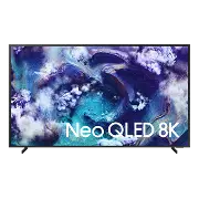 Telewizor z wyświetlaczem pokazującym abstrakcyjny obraz w odcieniach niebieskiego i fioletowego z napisem \'Neo QLED 8K\'.