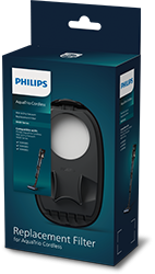 Opakowanie filtra zamiennego do odkurzacza bezprzewodowego marki Philips. Na opakowaniu widoczny jest obrazek filtra oraz napis \'Replacement Filter for AquaTrio Cordless\'.