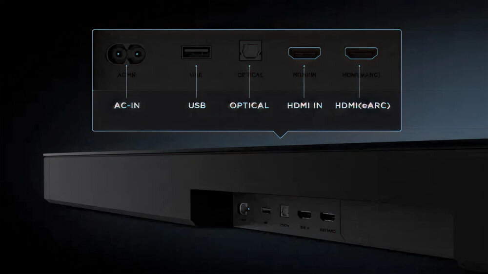 Obraz przedstawia tylny panel soundbara z widocznymi portami: AC-IN, USB, OPTICAL, HDMI IN, HDMI (eARC).