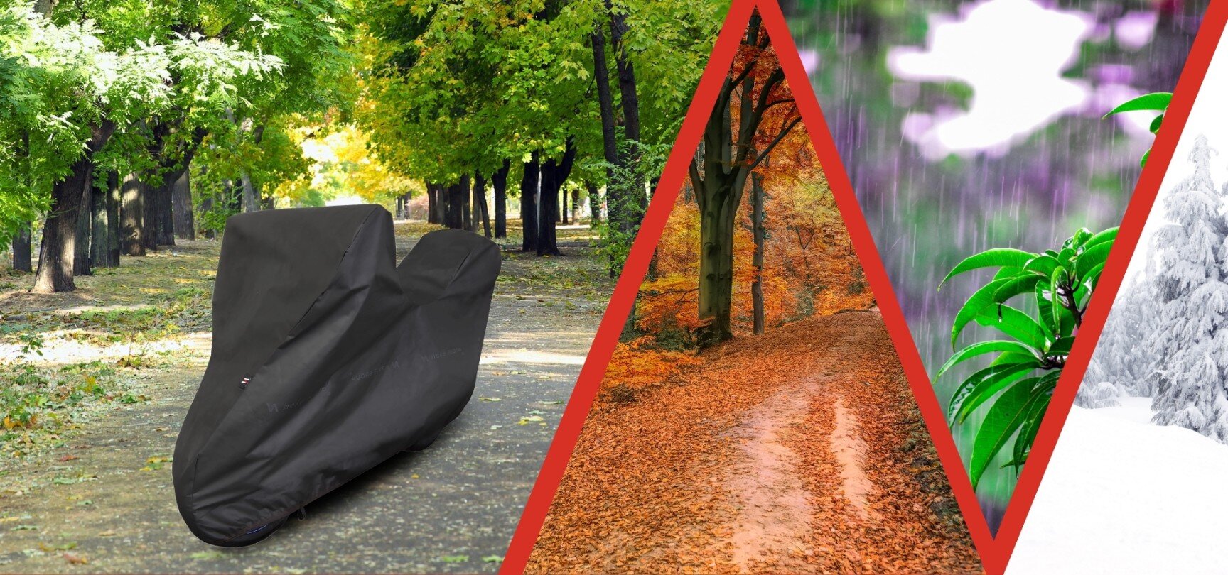 Obraz przedstawia czarny pokrowiec na motocykl stojący na leśnej drodze. W tle widoczne są cztery pory roku: zielone drzewa, jesienne liście, deszcz oraz śnieg.