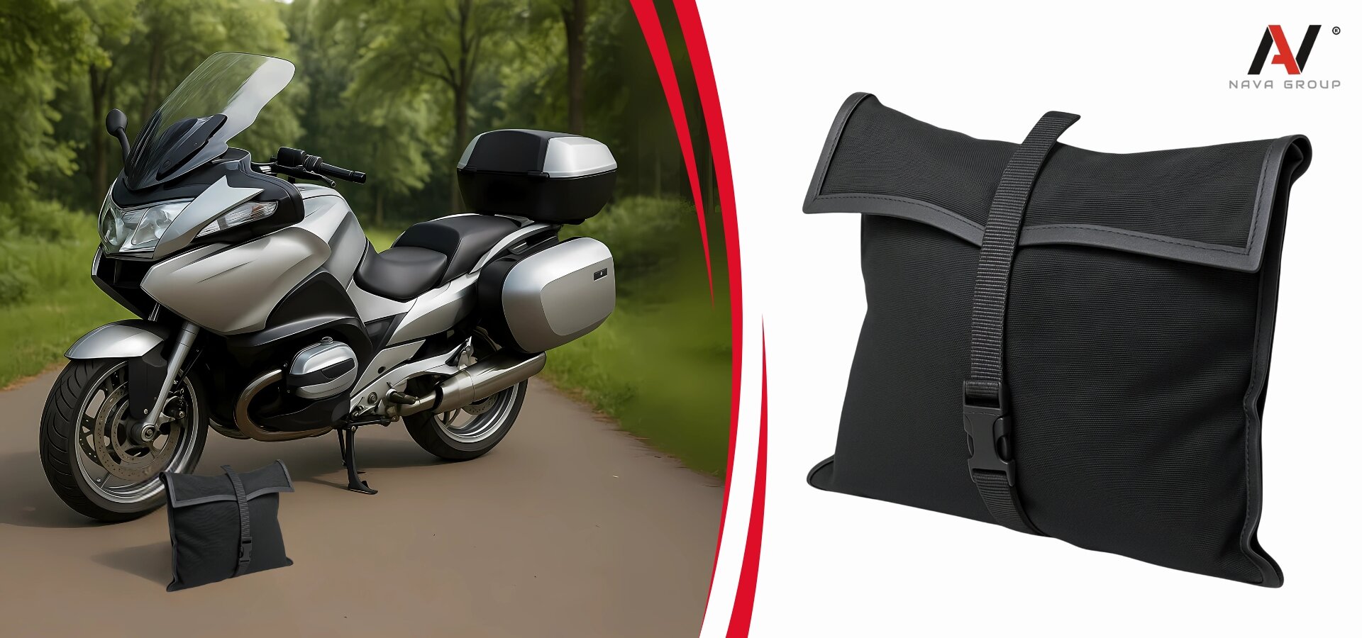 Na obrazie widoczny jest motocykl z kufrem stojący na drodze oraz czarny pokrowiec z zapięciem. W prawym górnym rogu znajduje się logo \'NAVA GROUP\'.