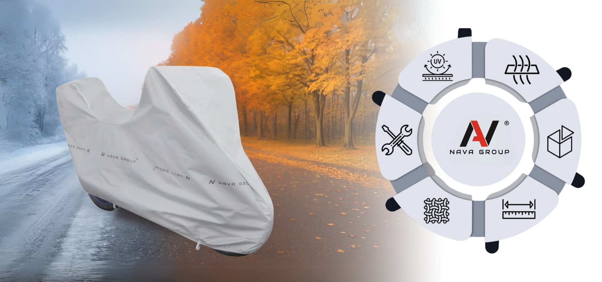 Na obrazie widoczny jest pokrowiec na motocykl z kufrem, umieszczony na tle drogi z jesiennymi drzewami. Obok znajduje się grafika z logo \'NAVA GROUP\' oraz ikonami symbolizującymi różne funkcje pokrowca.