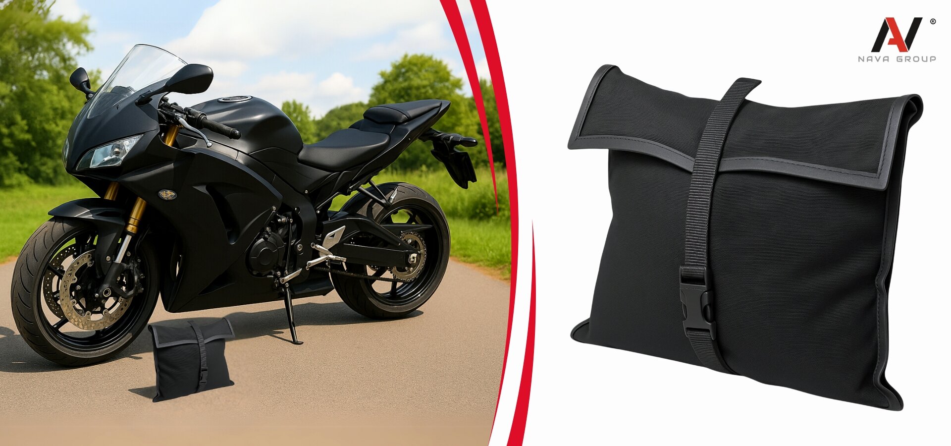 Obraz przedstawia czarny motocykl stojący na drodze oraz czarny pokrowiec z zapięciem, umieszczony obok motocykla. W prawym górnym rogu widoczne jest logo \'Nava Group\'.