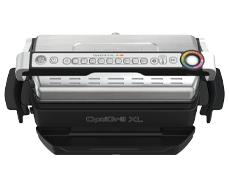 Grill elektryczny z panelem sterowania na górze, zawierającym różne ikony i kolorowy wskaźnik. Na froncie widoczny napis \'OptiGrill XL\'.