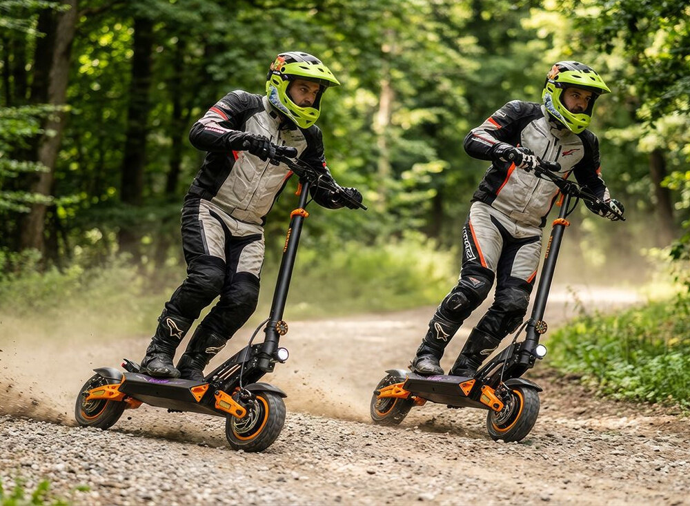 Dwóch motocyklistów w zielonych kaskach i kombinezonach jedzie na elektrycznych hulajnogach po żwirowej drodze w lesie. W tle widać drzewa i unoszący się kurz.