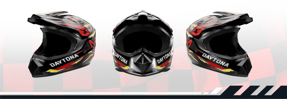 Kask MOTUS Daytona Full Face (rozmiar M) rozmazane tło osoba kask widoczny od przodu i po bokach bezpieczeństwo dynamiczny wygląd wysoki komfort sportowa stylistyka inspirowana motorsportem aerodynamiczna konstrukcja kask full face agresywny design realna ochrona zabezpiecza głowę, szczękę oraz twarz bezpieczeństwo