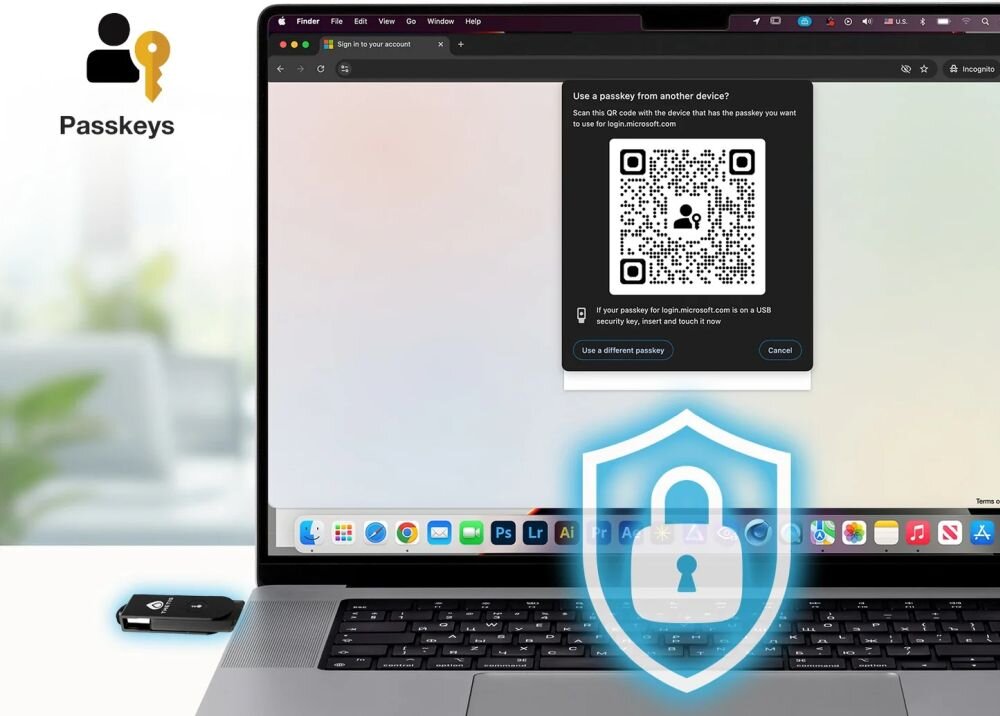 Klucz zabezpieczający Thetis z obsługą passkeys chroni logowanie do kont na laptopie podczas pracy biurowej 